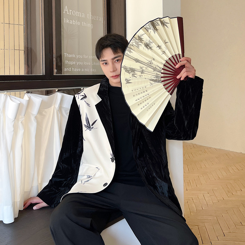 秋冬个性丝绒拼接西服外套男潮中式休闲西装潮A452--6417--P135，男装西服，电商A452