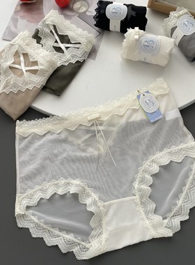纯欲性感高弹女内裤贝莱娅3358透明网纱中高腰加大镂空裤头桑蚕丝