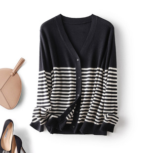 秋冬女士开衫V领条纹单排扣真丝羊绒混纺七分袖针织外套休闲百搭