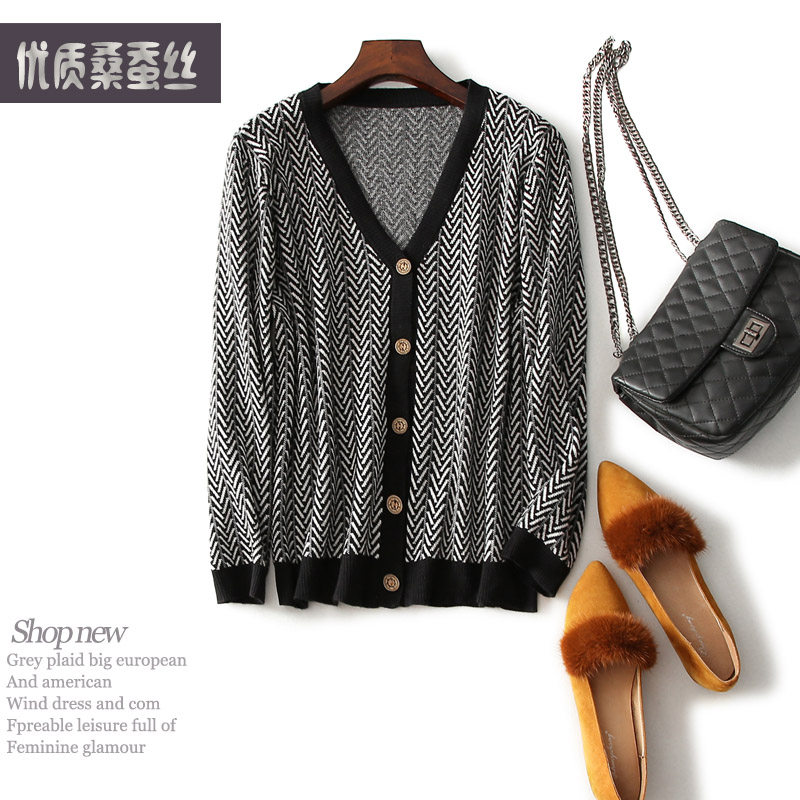 秋冬女士开衫宽松百搭真丝针织厚款V领单排扣外套