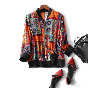 清库存 清仓夏女装宽松休闲七分袖真丝双绉开衫棒球领防晒衣印花