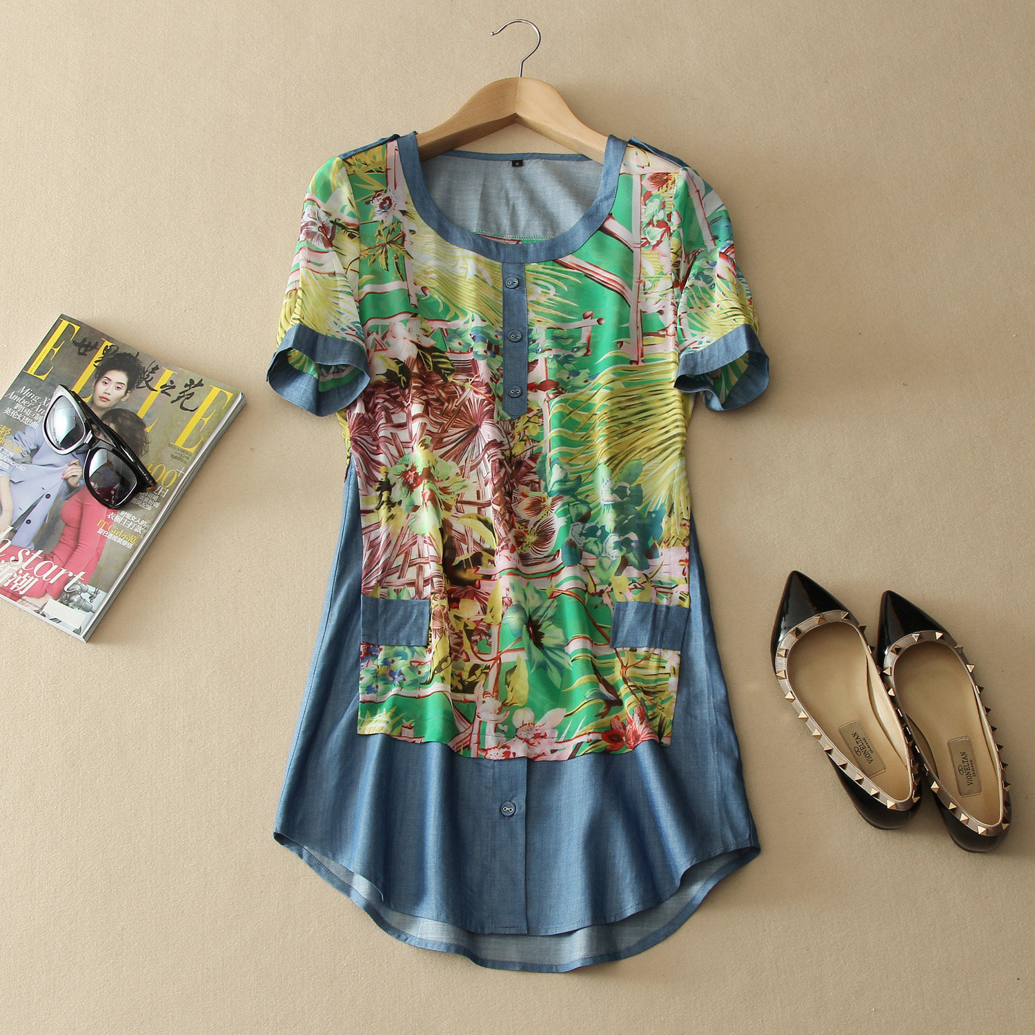 清库存 清仓夏季女装印花圆领丝棉衬衫短袖薄牛仔上衣