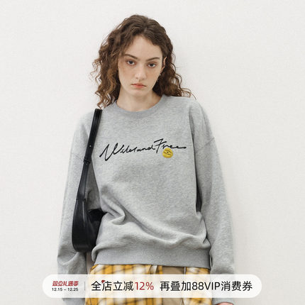 714street美式复古落肩袖印花圆领卫衣男装2025秋冬情侣长袖T恤女