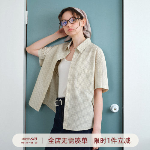 714street高密砂洗格纹短袖衬衫