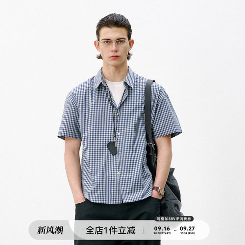 714street复古蓝白格纹短袖衬衫