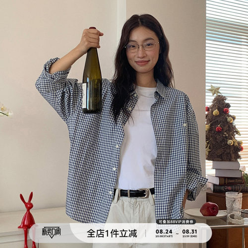 714street复古蓝白格纹衬衫