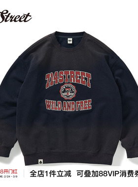 714street秋季新款重磅500g美式复古水洗印花圆领卫衣宽松长袖t恤