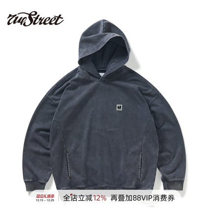 714street美式复古2024秋季新款水洗做旧连帽卫衣男女款重磅帽衫