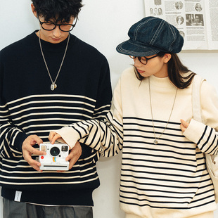 714Street冬季 半高领条纹毛衣男日系内搭潮牌宽松情侣套头针织衫