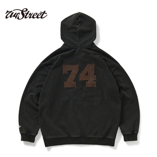 新款 复古秋季 宽松外套男 美式 714street水洗质感刺绣连帽卫衣开衫