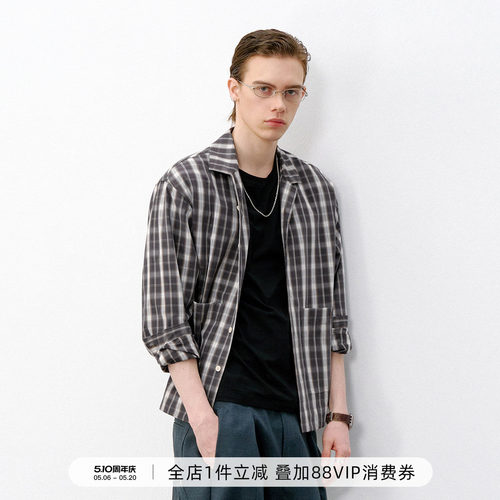 714street复古渐变格纹长袖衬衫