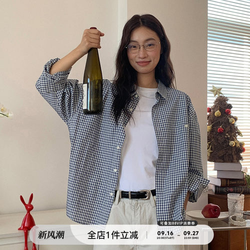 714street复古蓝白格纹衬衫
