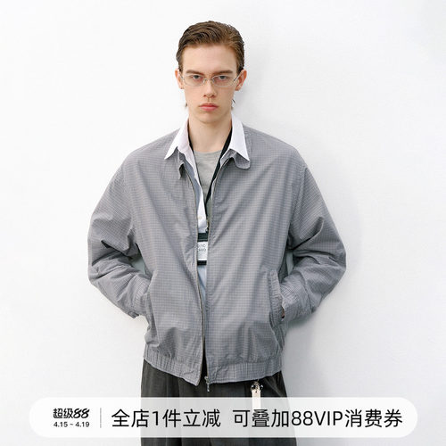 714street复古格纹哈灵顿夹克