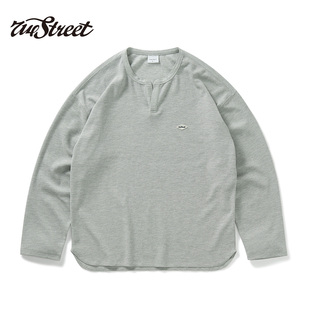休闲上衣宽松套头卫衣 新款 714street华夫格亨利领长袖 t恤男秋冬季