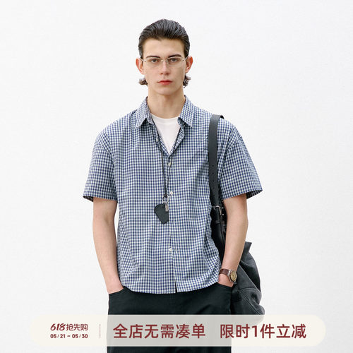 714street复古蓝白格纹短袖衬衫