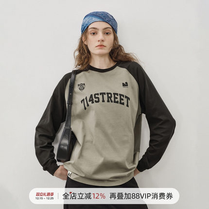 714street足球风撞色插肩长袖T恤2025秋季情侣球服宽松纯上衣棉男