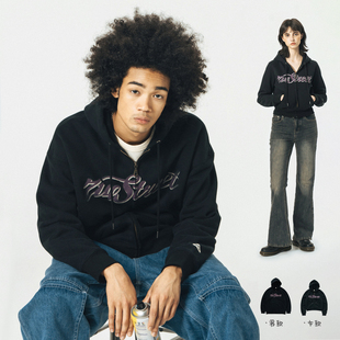情侣拉链外套 印花连帽开衫 714street重磅美式 加绒卫衣男女秋冬款