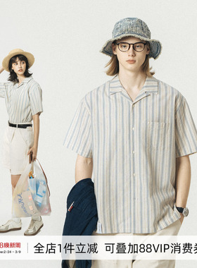 714street古巴领条纹短袖衬衫男女2024新款夏装日系复古衬衣外套