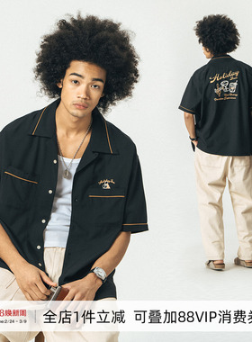 714street潮牌美式复古衬衫新款潮流夏季刺绣抗皱短袖情侣装衬衣