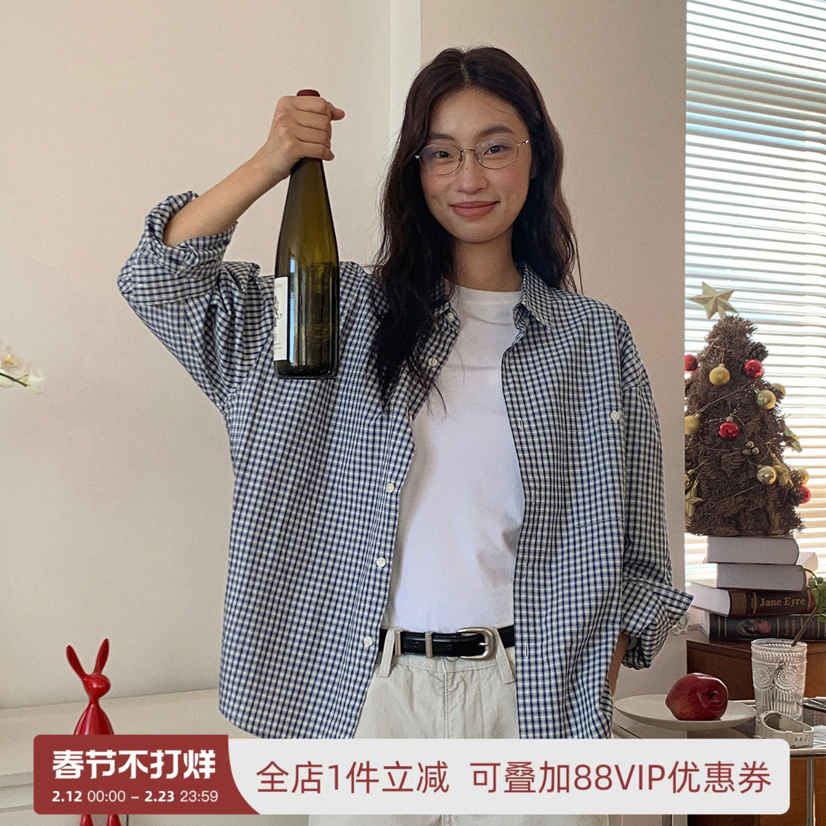 714street微宽松落肩纯棉小格纹长袖衬衫男女25秋季中性简约衬衣
