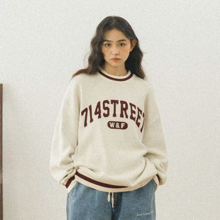 714street情侣圆领毛衣秋冬宽松复古针织衫 日系外套 潮牌2022新款