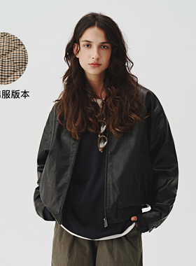 714street美式复古2024秋新款黑色皮衣外套男女同款短款宽松夹克