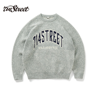 714street潮牌羊毛混纺字母提花毛衣2024秋冬宽松针织衫 男女同款