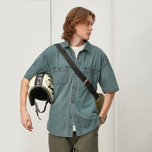 美式 25新款 复古宽松衬衣 牛仔衬衫 714street春夏日系水洗做旧短袖