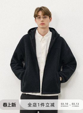 714street纯色羊羔绒连帽夹克百搭宽松2025新款工装棉服男秋冬
