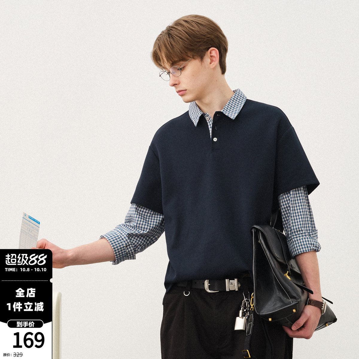 714street假两件长袖POLO衬衫