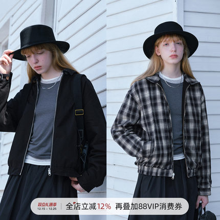 714street秋冬两面穿格子哈灵顿夹克男2025新款工装老钱风厚外套