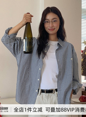 714street微宽松落肩纯棉小格纹长袖衬衫男女25秋季中性简约衬衣