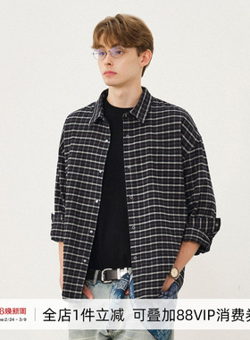 714street绒感磨毛小格纹衬衫男2025秋冬老钱风宽松长袖衬衣外套