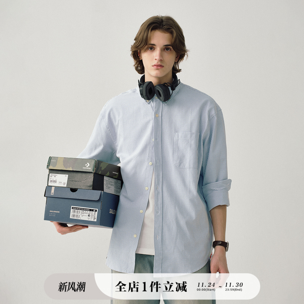 714street日系条纹衬衫情侣港风