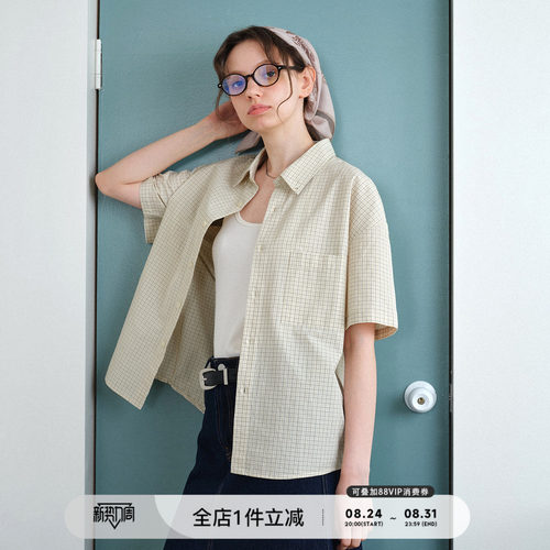 714street高密砂洗格纹短袖衬衫