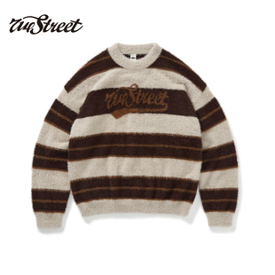 宽松条纹针织衫 714street秋冬仿貂毛图案文字毛衣2024新款 情侣装
