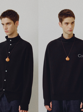 714street高端线BEHALF 100%美利奴羊毛正反穿贝壳扣高领开衫毛衣