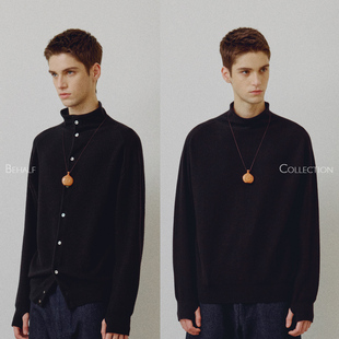 714street高端线BEHALF 毛衣 100%美利奴羊毛正反穿贝壳扣高领开衫