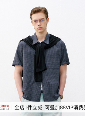 714street美式复古细格纹短袖衬衫男2026春季纯棉休闲格子衬衣女