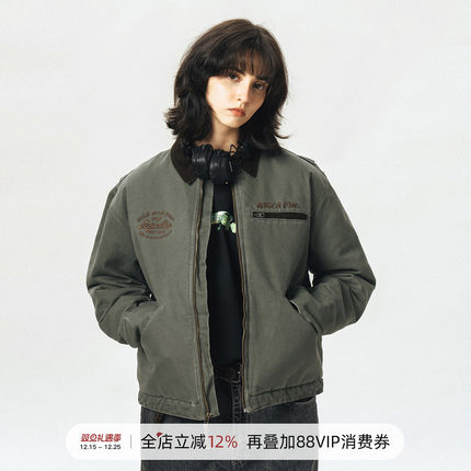 714street外套男秋冬加厚保暖上衣翻领夹棉夹克日系复古短款棉服