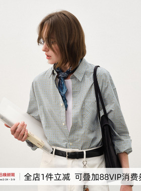 714street简约纯棉长袖宽松miu系格子衬衫男2025秋季新款情侣衬衣