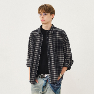 714street绒感磨毛小格纹衬衫 衬衣外套 男2025秋冬老钱风宽松长袖