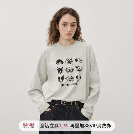 714street美式复古宠物印花宽松长袖T恤男2025秋季纯棉情侣上衣女