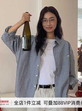 714street微宽松落肩纯棉小格纹长袖衬衫男女25秋季中性简约衬衣