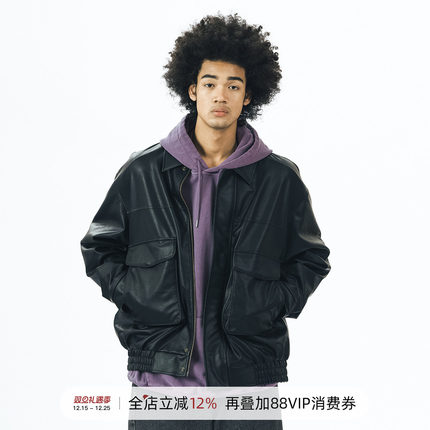 714street秋季外套男潮牌宽松上衣美式复古翻领夹克街头机车皮衣