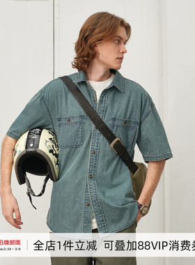 714street春夏日系水洗做旧短袖牛仔衬衫25新款美式复古宽松衬衣