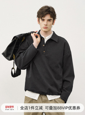 714stree宽松长袖针织毛衣男25秋季复古毛呢翻领落肩袖情侣POLO衫
