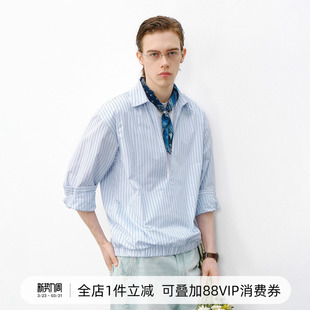 男2026春季 半开襟微宽落肩衬衣 衬衫 714street深V领条纹假两件长袖