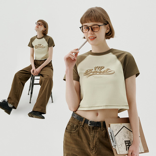 撞色短款 T恤女生2024新款 体恤上衣 复古印花短袖 714street潮牌美式