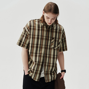新款 2024夏季 上衣日系复古衬衣 衬衫 714street潮牌男女格纹短袖